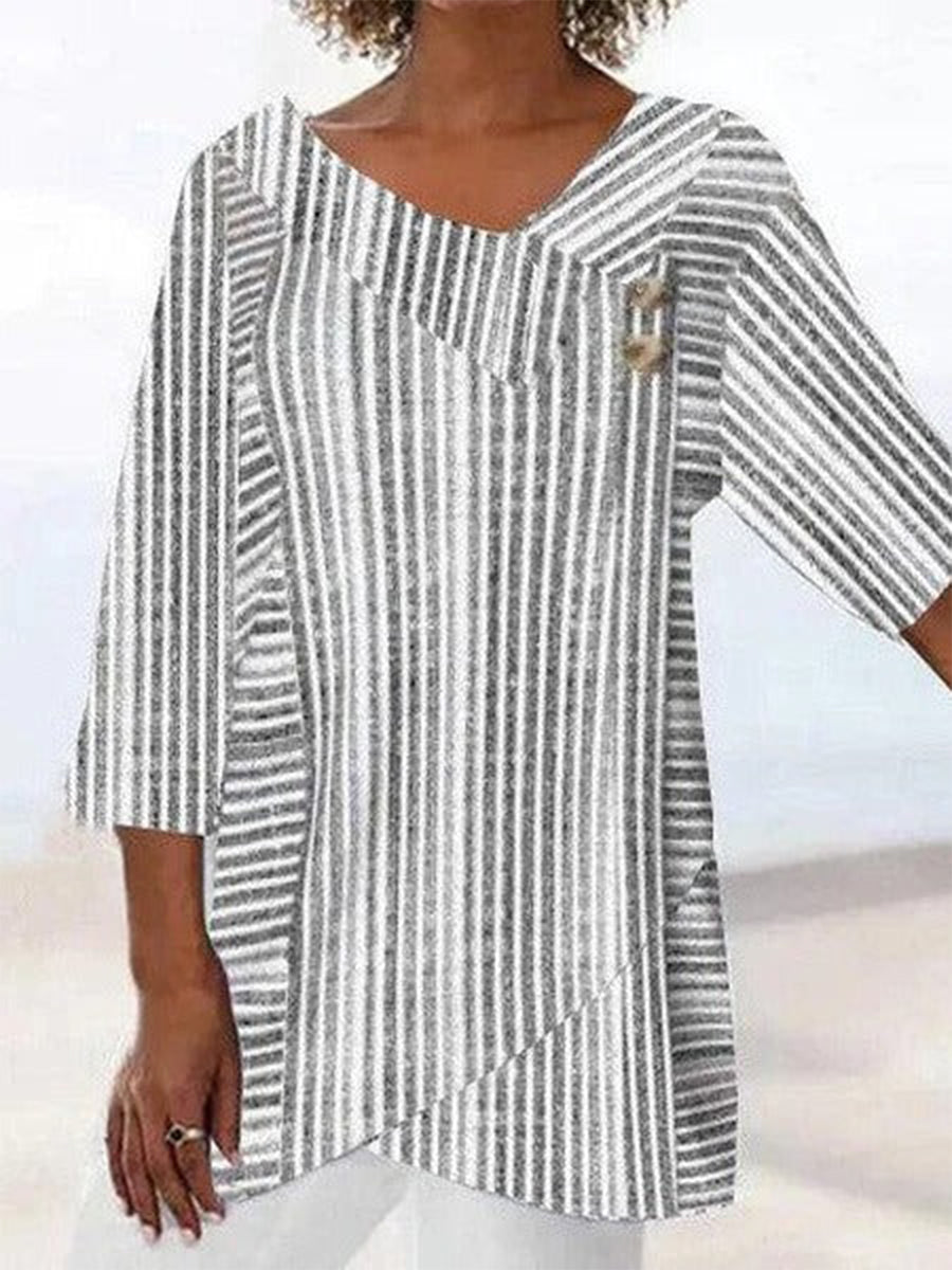 White Striped Asymmetrical Neck 3/4 Sleeves Blouse