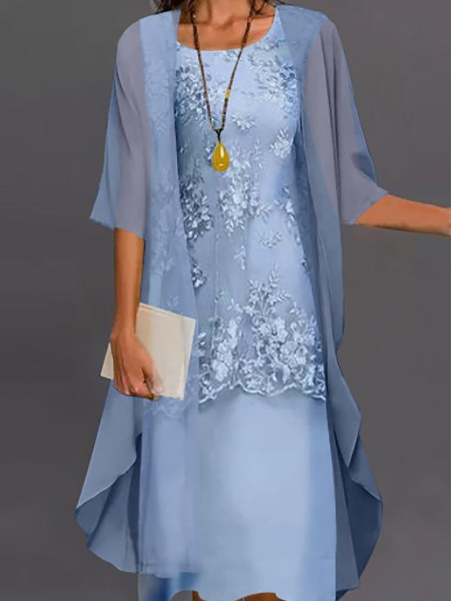 Casual Lace Two Piece Jacket Midi Dress