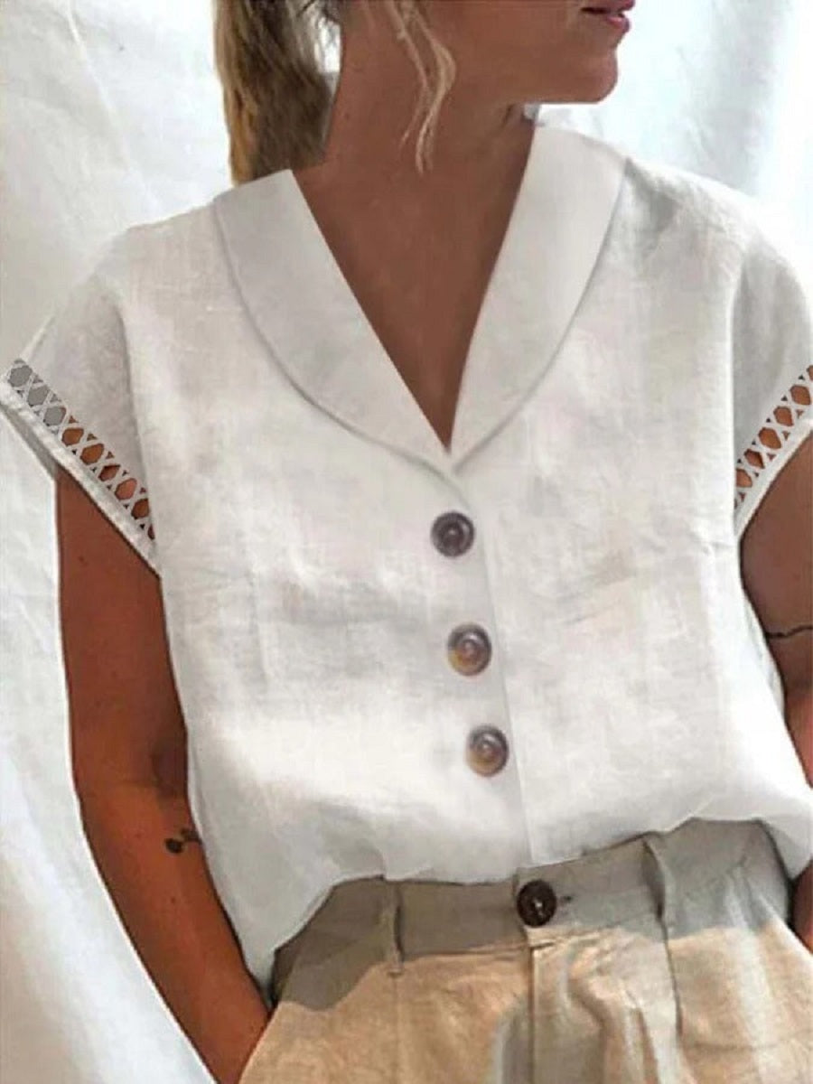 White Casual V Neck Solid Short Sleeve Blouse