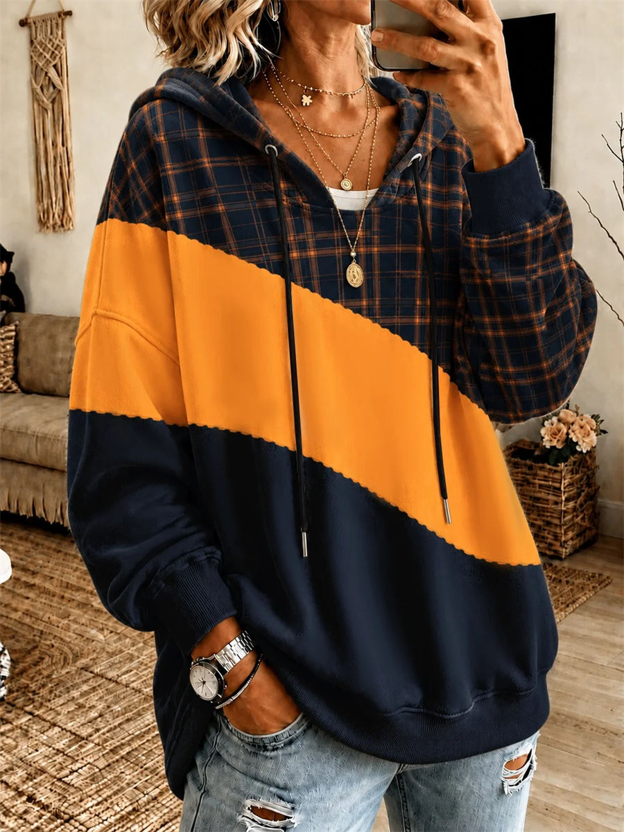 Casual Long Sleeve Color Block Hoodie