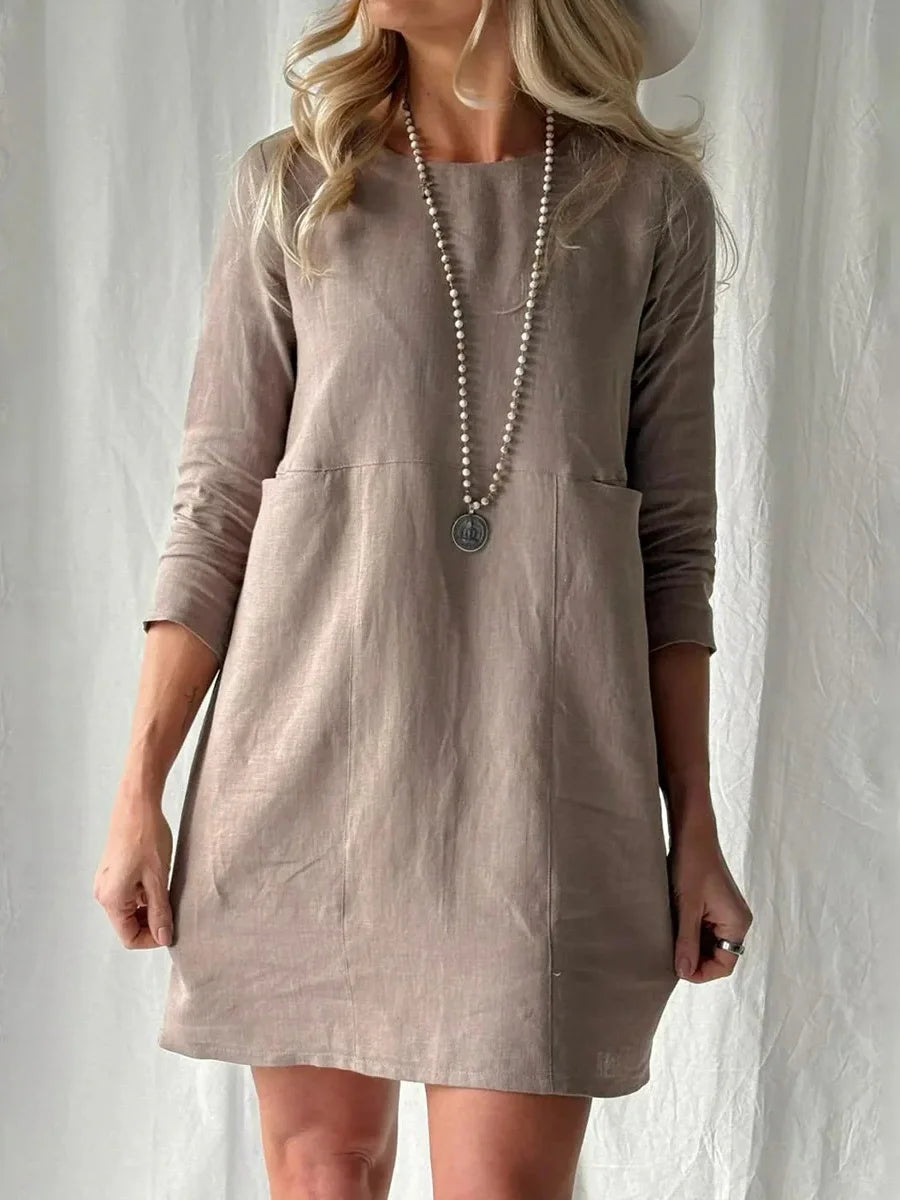 Taupe Round Neck Long Sleeve Shift Dress