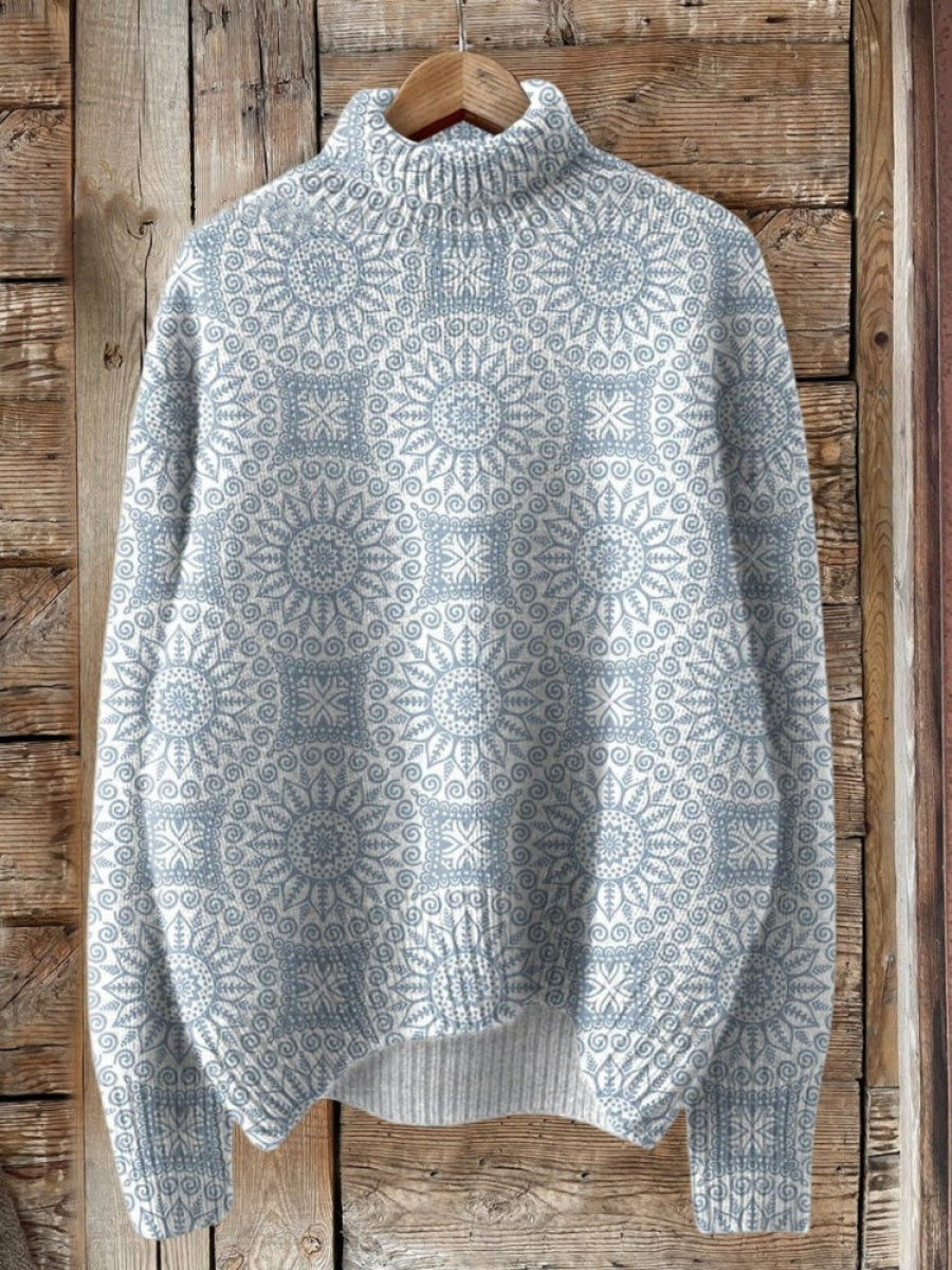 Bohemian Style Geometric Pattern Printed Knit Turtleneck Pullover Sweater