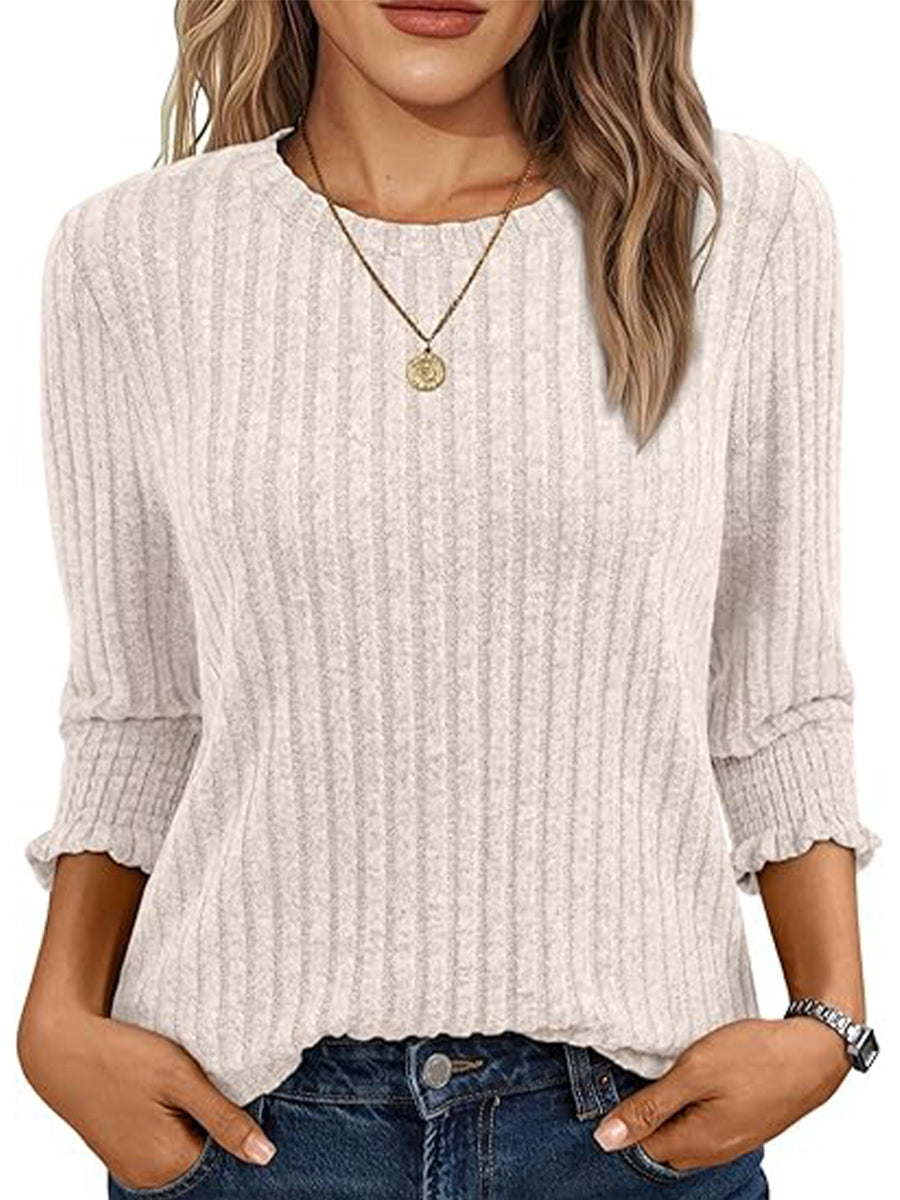 Solid Color Round Neck 3/4 Sleeve Sweater