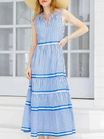 Blue V-neck Sleeveless Stripe Tiered Maxi Dress