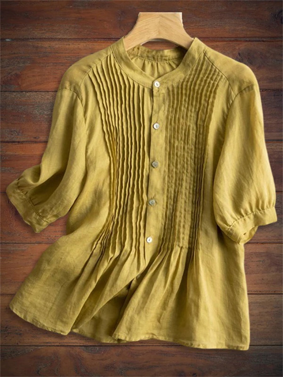 Women?ˉs Pleated Front Button Up Puff Sleeve Loose Fit Blouse