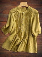 Women?ˉs Pleated Front Button Up Puff Sleeve Loose Fit Blouse