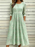 Vintage Floral Print Round Neck 3/4 Sleeve Dress