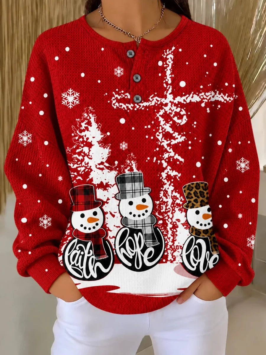 Casual Christmas Snowman Henley Collar Long Sleeve Sweatshirt