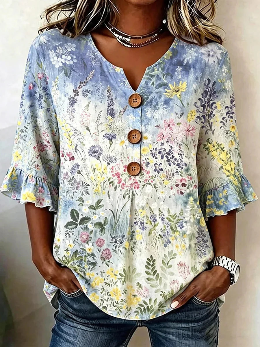 Blue Floral Ruffle 3/4 Sleeve V-Neck Blouse