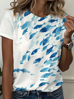 White Watercolor Fish Print Round Neck Short Sleeve Casual Tee