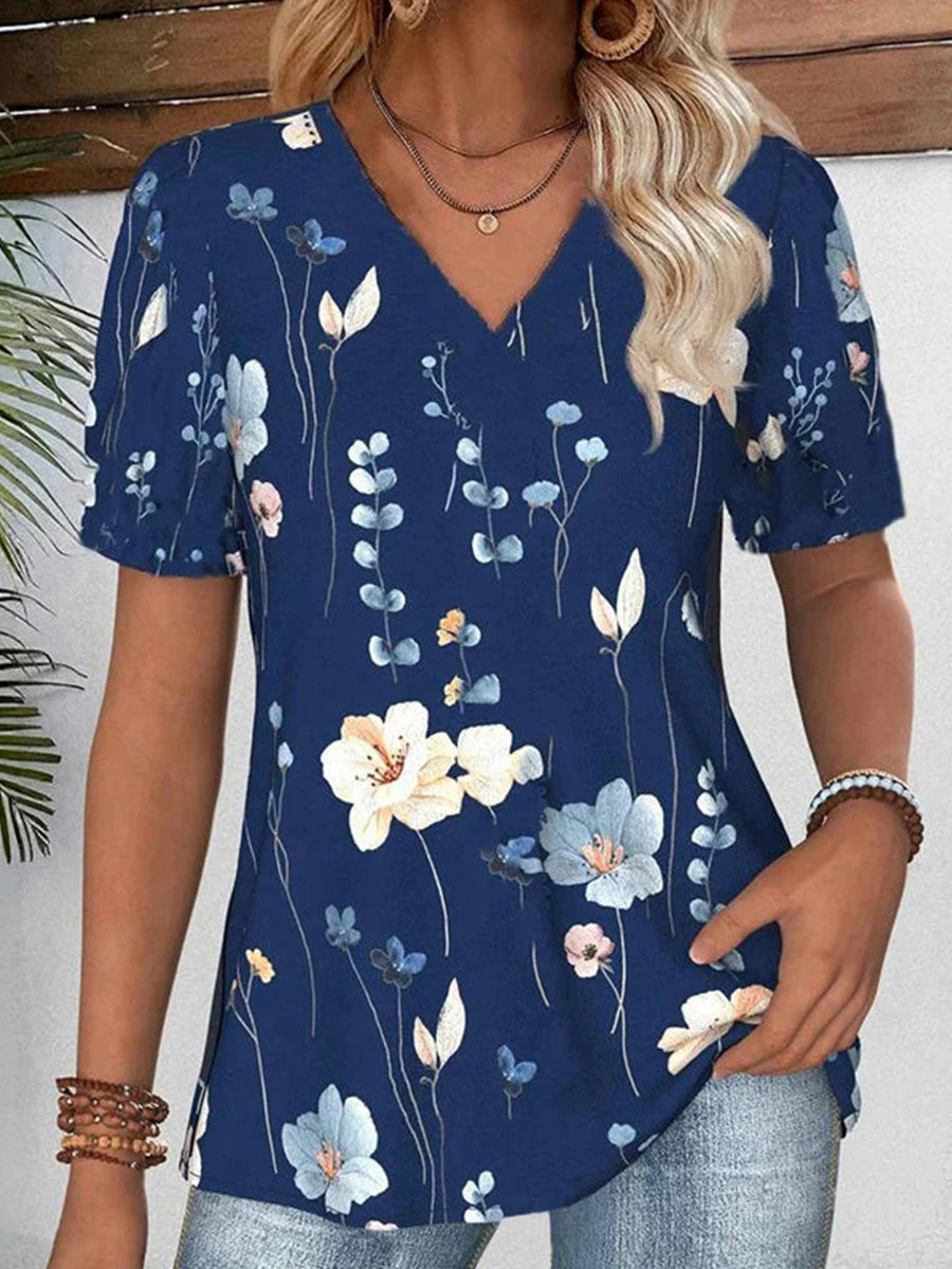 Vintage Floral Print V-neck Short Sleeve T-Shirt