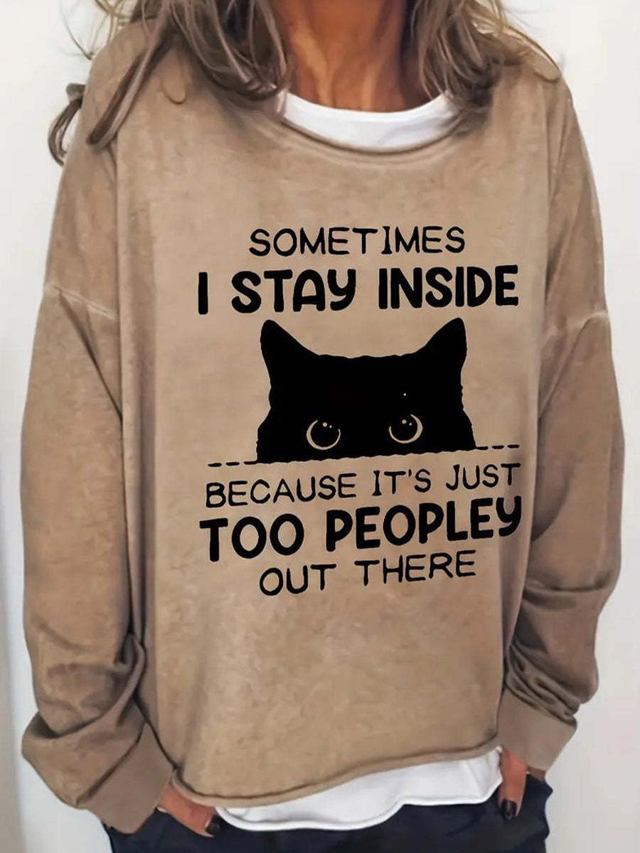 Casual Long Sleeve Crew Neck Cute Cat Print Sweatshirt