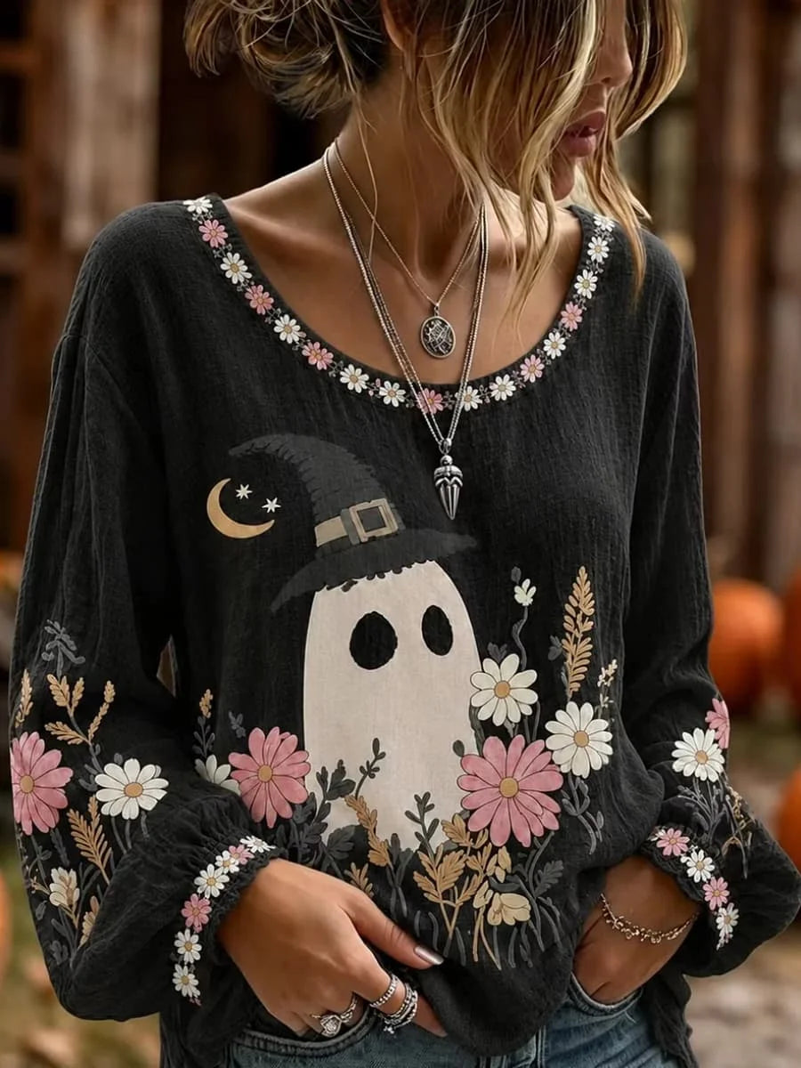 Vintage Crew Neck Long Sleeve Floral Printing Top
