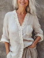 Women's Elegant Lace Patchwork V-neck Long Sleeve Shirt