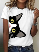 Casual Cat Print Round Neck Short Sleeve T-Shirt