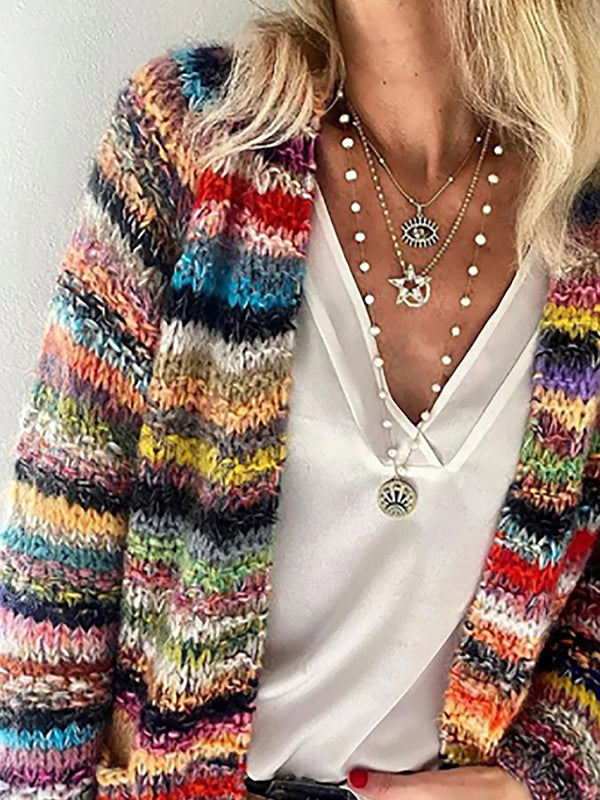 Women's Long Sleeve Colorful Striped Knit Cardigan