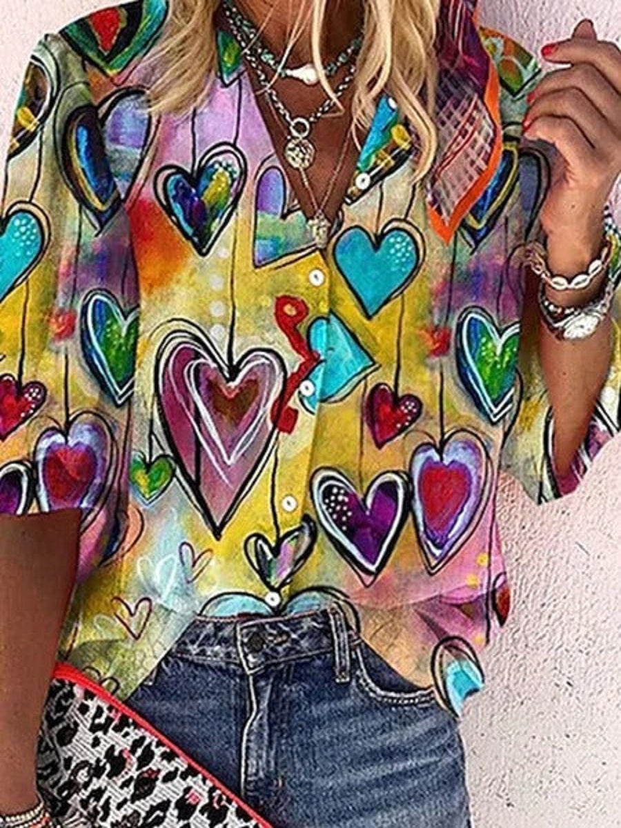 Multicolor Casual Love Pattern Printed Half Sleeve Blouse