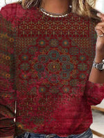 Crew Neck Long Sleeve Casual Ethnic T-Shirt