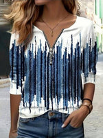 Blue Vintage Gradient V Neck Blouse