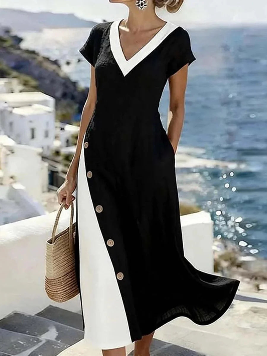 Black Color Block V-neck Short Sleeve Midi Dress
