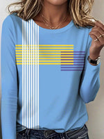 Chic Round Neck Long Sleeve Striped Print Top