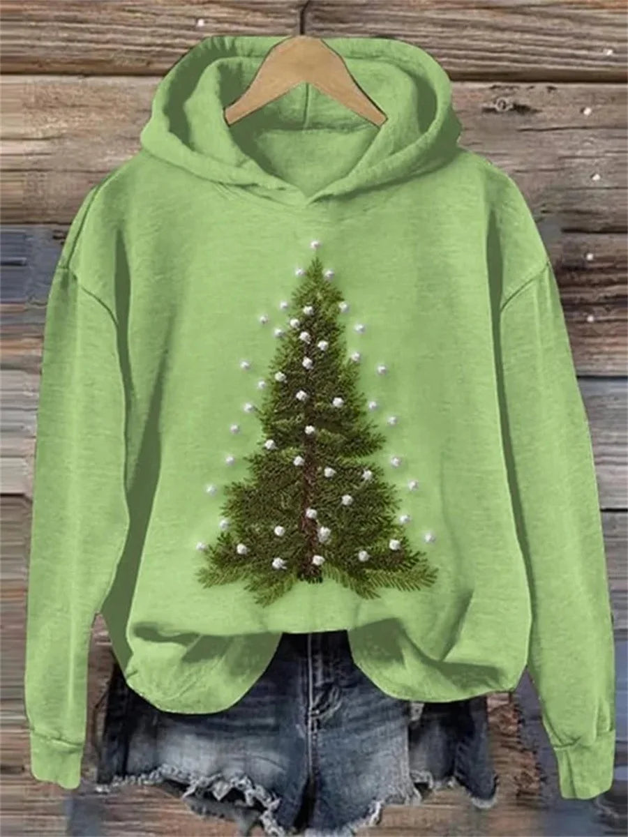 Green Christmas Tree Print Long Sleeve Hoodie