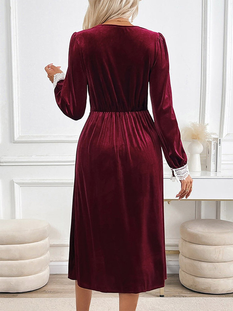 Women's Long Sleeve Spring/Fall Wine Red Plain Lace V Neck Holiday Going Out Casual Maxi A-Line Dress