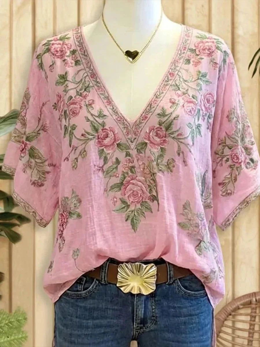 Vintage Floral Print V-neck Short Sleeve Blouse