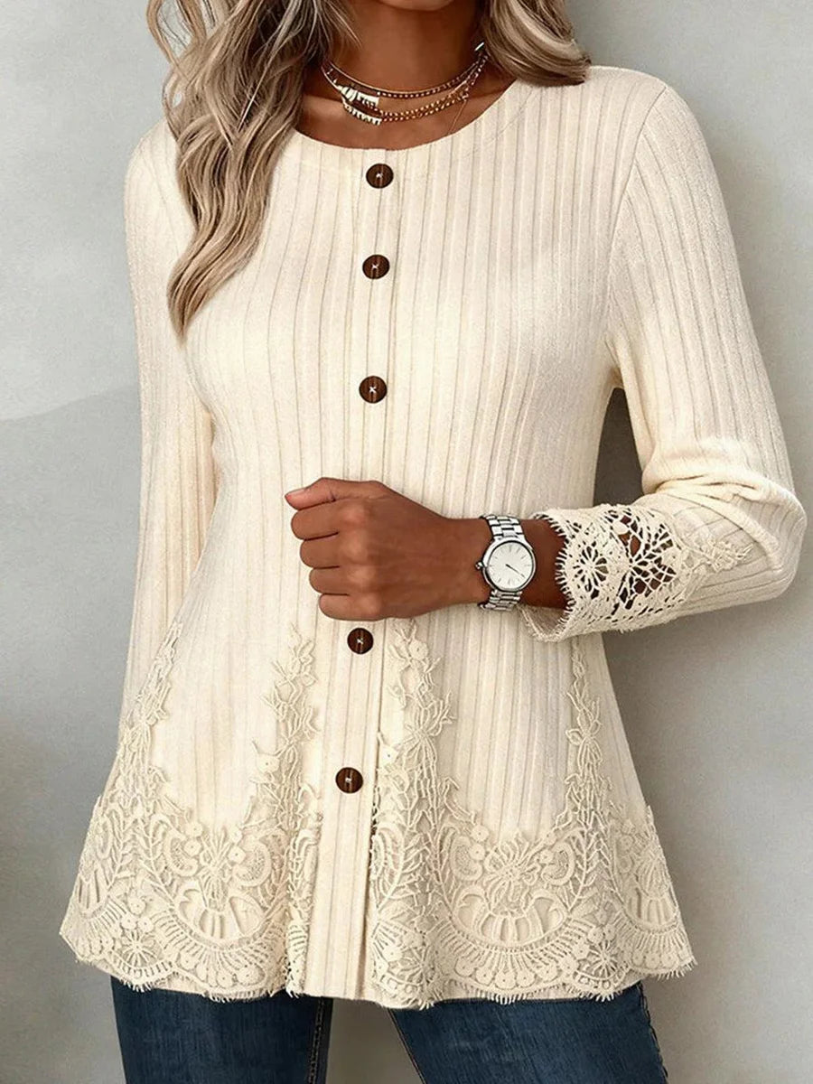 Vintage Beige Button Front Lace Trim Long Sleeve Sweater