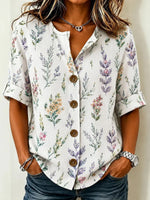 White Wildflower Print Roll Cuff Notch Neck Button Shirt