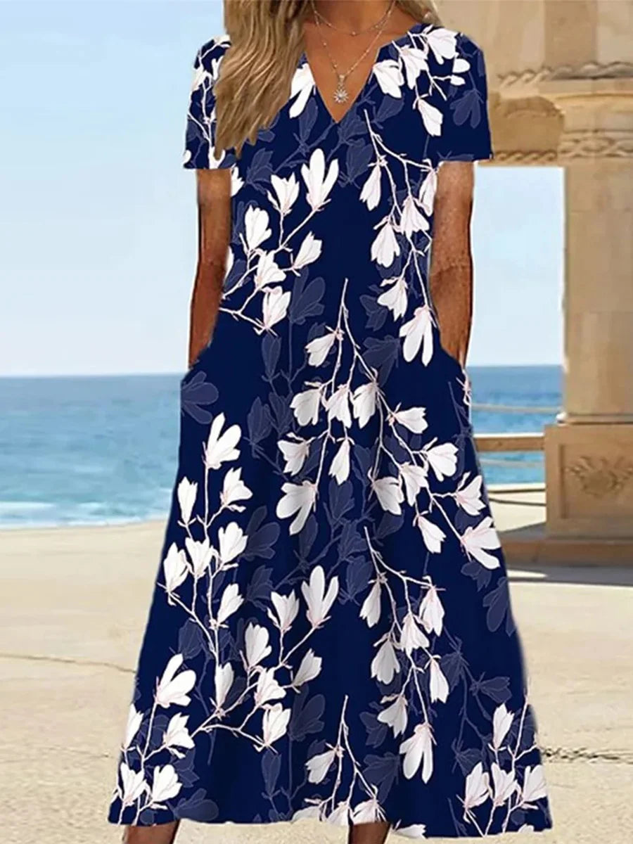 Elegant Navy Floral Side Pocket V-neck Short Sleeve Midi Dress