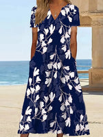 Elegant Navy Floral Side Pocket V-neck Short Sleeve Midi Dress