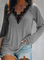 Gray Casual V Neck Solid Long Sleeve Blouse