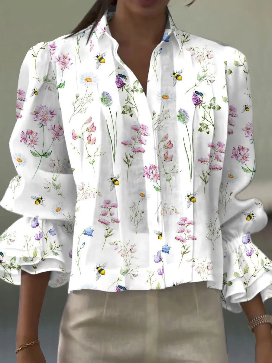 Women's Flower Art Print Casual Long Sleeve Shirt