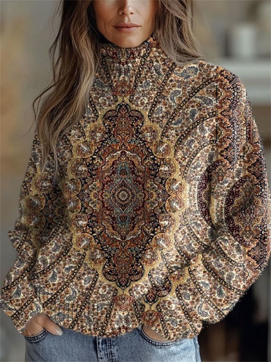 Vintage Ethnic Symmetrical Floral Print Round Neck Long Sleeve Comfy Sweater