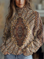 Vintage Ethnic Symmetrical Floral Print Round Neck Long Sleeve Comfy Sweater