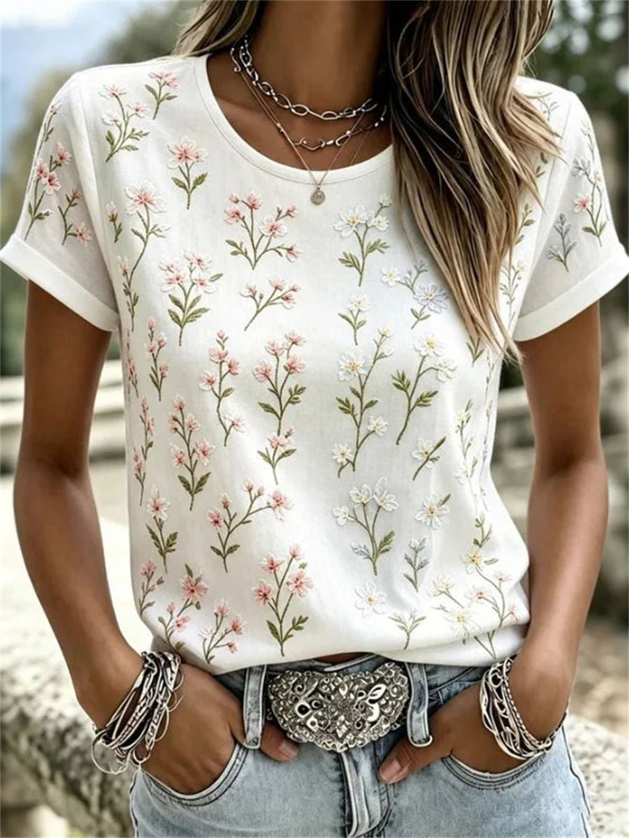 Casual Floral Print Round Neck Short Sleeve T-Shirt
