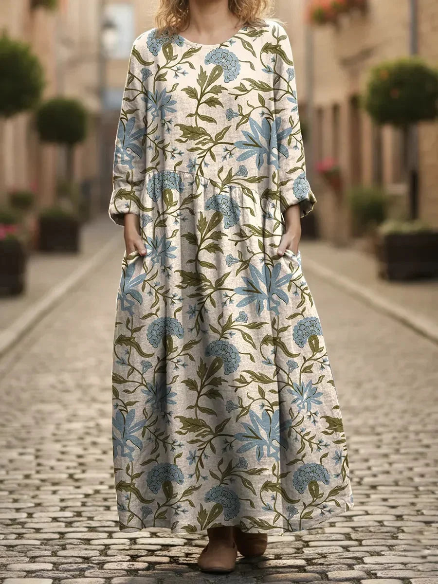 Women's Floral Art Print Pocket Round Neck Long Sleeve Dress