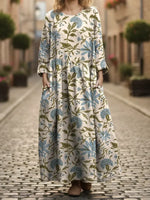 Women's Floral Art Print Pocket Round Neck Long Sleeve Dress