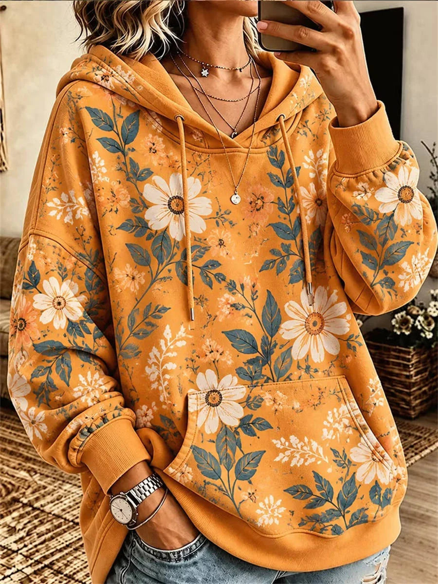 Women's Daisy Floral Print Pocket Long Sleeve Hoodie