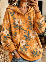 Women's Daisy Floral Print Pocket Long Sleeve Hoodie