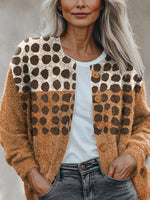 Terracotta Black Dots Abstract Art Pattern Print Buttoned Long Sleeve Cardigan Sweater