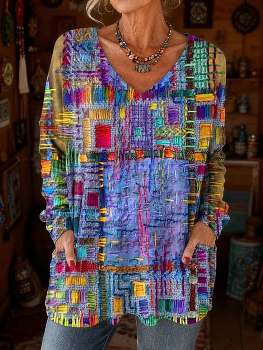 Vintage Colourful V-neck Long Sleeve Blouse