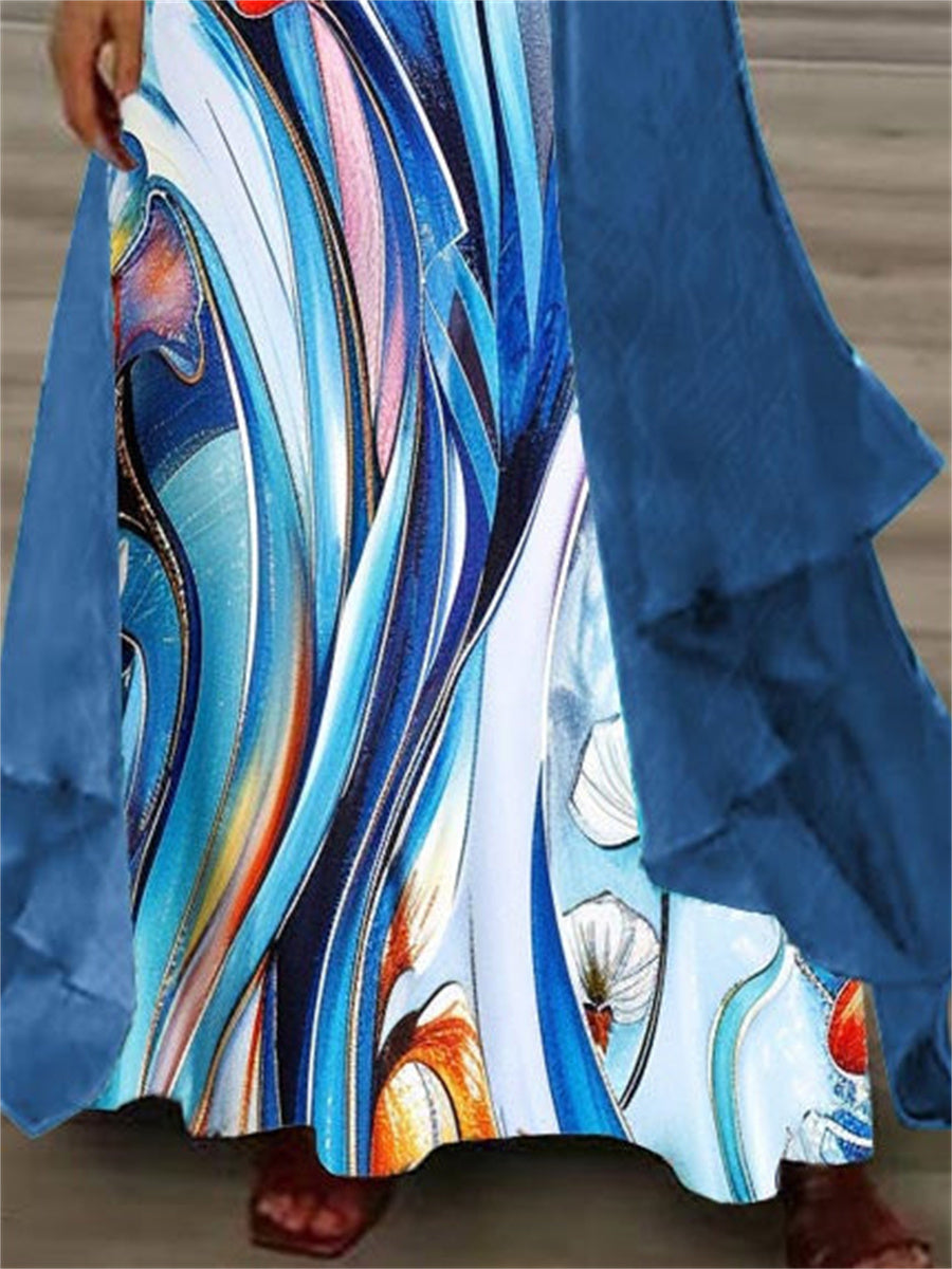 Women's Long Sleeve V-neck Graphic Printed Two Pieces Maxi Dress