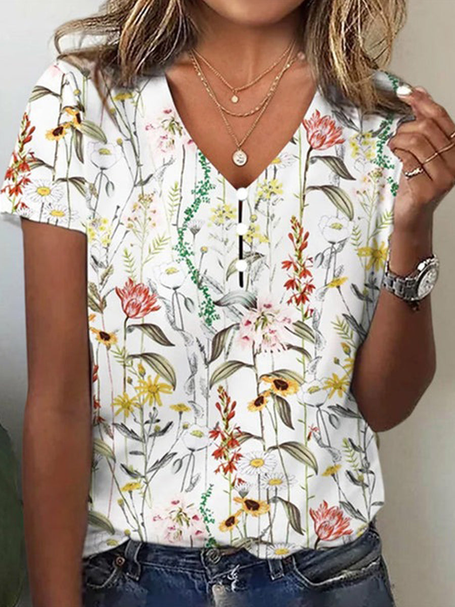 Casual Floral Buttons V Neck Blouse