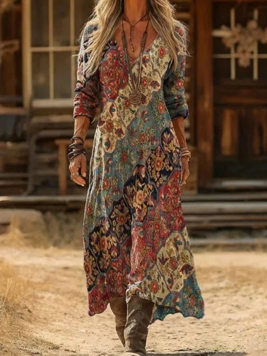 Vintage Ethnic Print V-neck Long Sleeve Dress