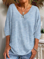 Blue Striped V Neck Long Sleeve Loose Blouse