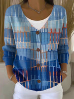Abstract Color Block Geometric Print Buttoned V-neck Long Sleeve Comfy Cardigan
