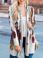 Light Gray Casual Long Sleeve Feather Printed Cardigan