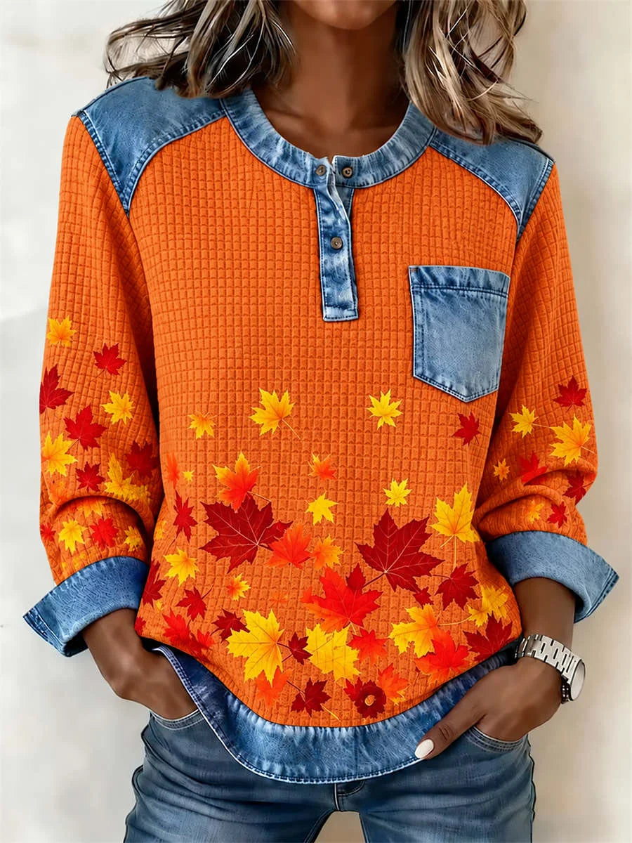 Casual Maple Leaf Half Open Collar Long Sleeve Sweatshirt